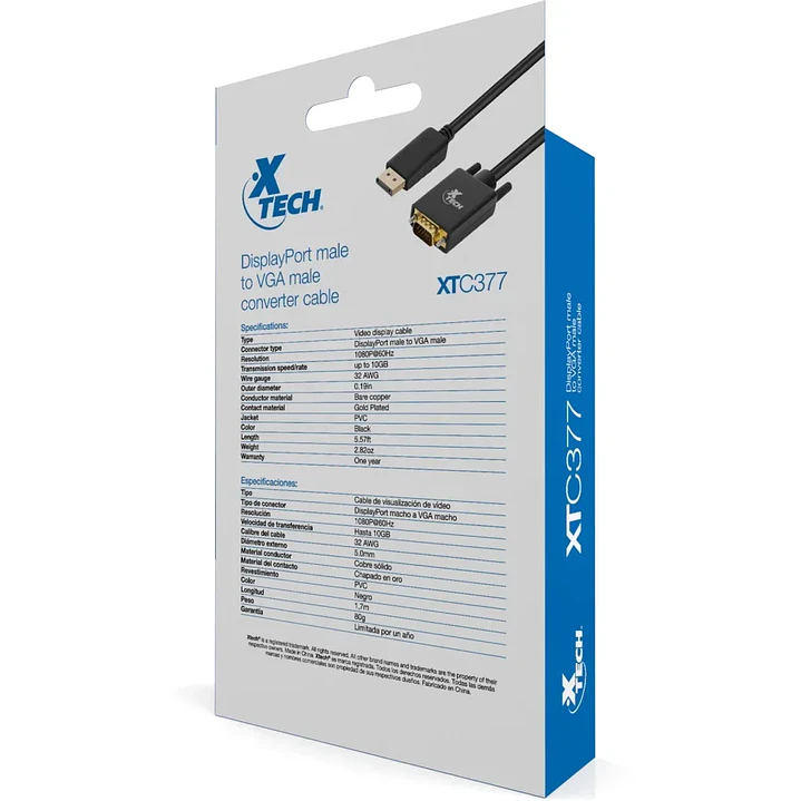 Adaptador DisplayPort a VGA | Xtech XTC-377 | Full HD 60 Hz | 1,7 m 2