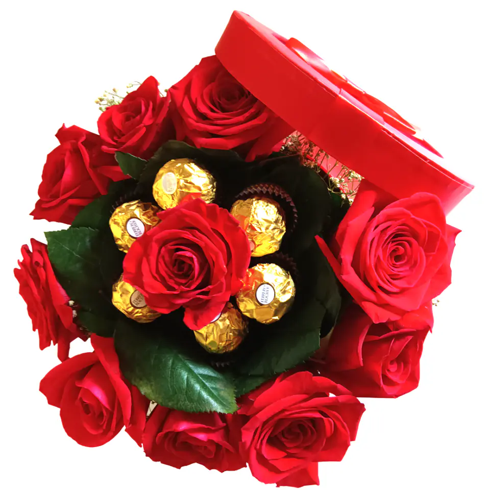 Caixa de Rosas com Chocolates Ferrero Rocher 1