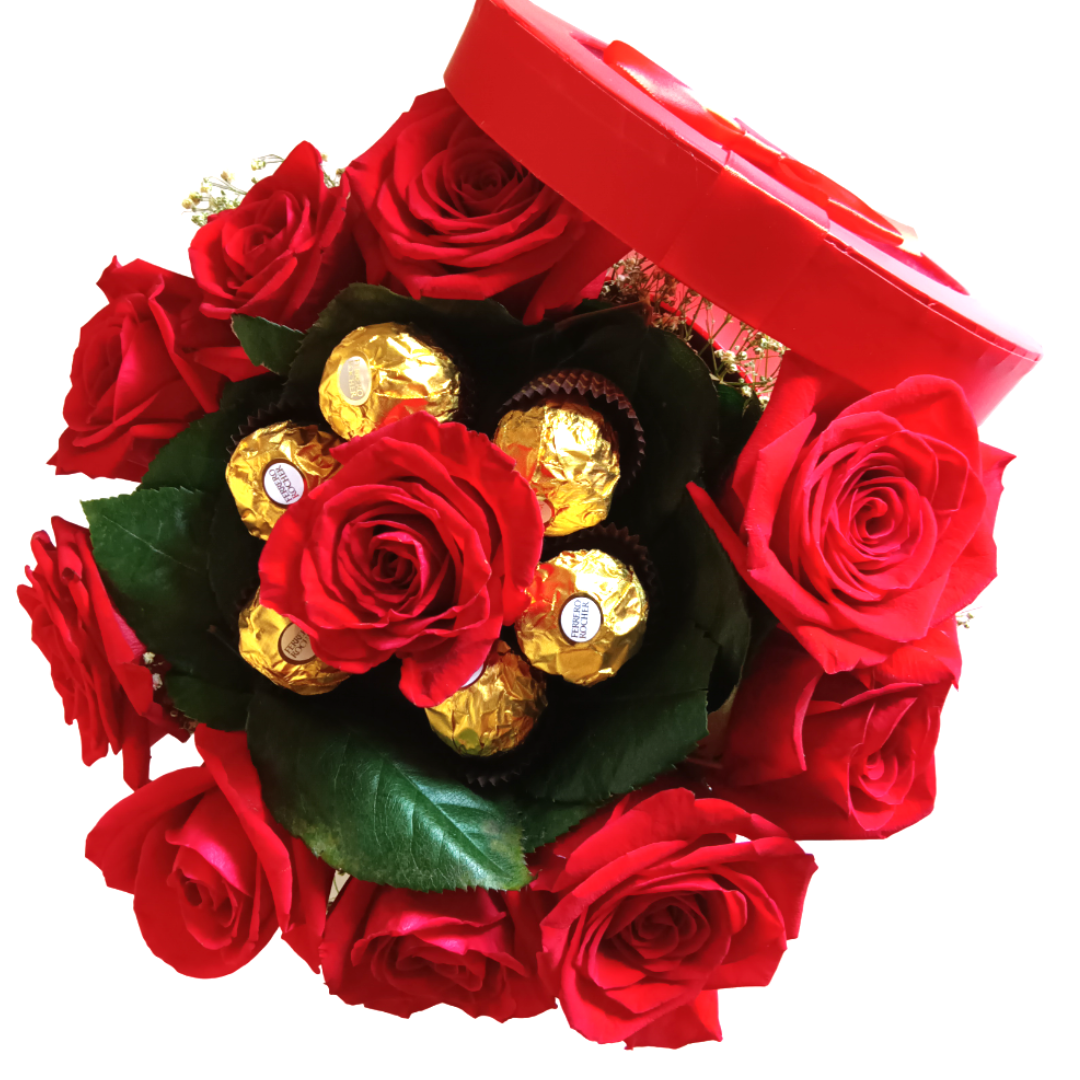 Caixa de Rosas com Chocolates Ferrero Rocher 4