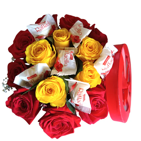 Caixa de Rosas com Chocolates Raffaello