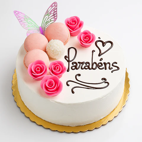 Bolo Parabéns Rosas & Macarons