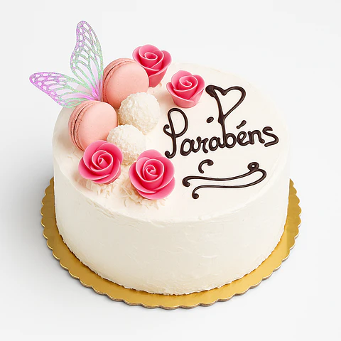 Bolo Parabéns Rosas & Macarons