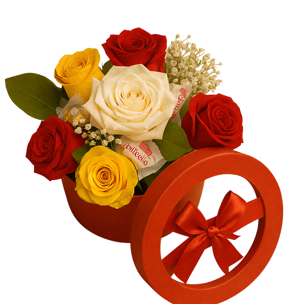 Caixa de Rosas Tricolor com Ferrero 3
