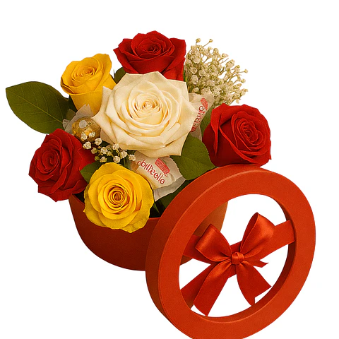 Caixa de Rosas Tricolor com Ferrero