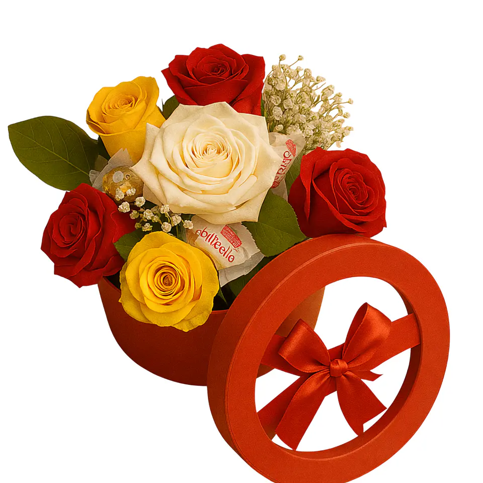 Caixa de Rosas Tricolor com Ferrero 1