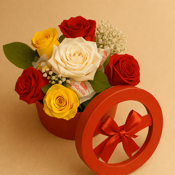 Caixa de Rosas Tricolor com Ferrero 2