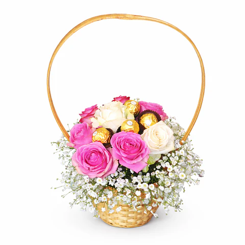 Cesto Rosas & Bombons Dourados