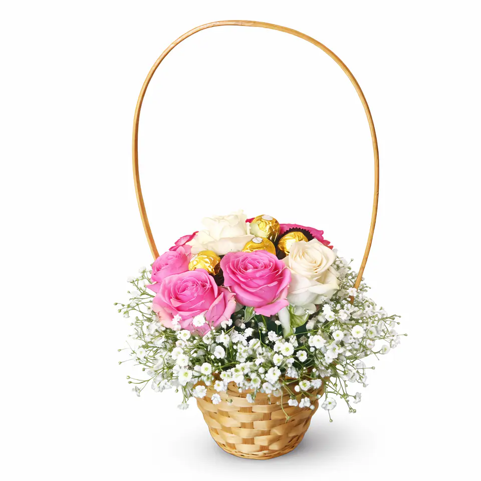 Cesto Rosas & Bombons Dourados 1