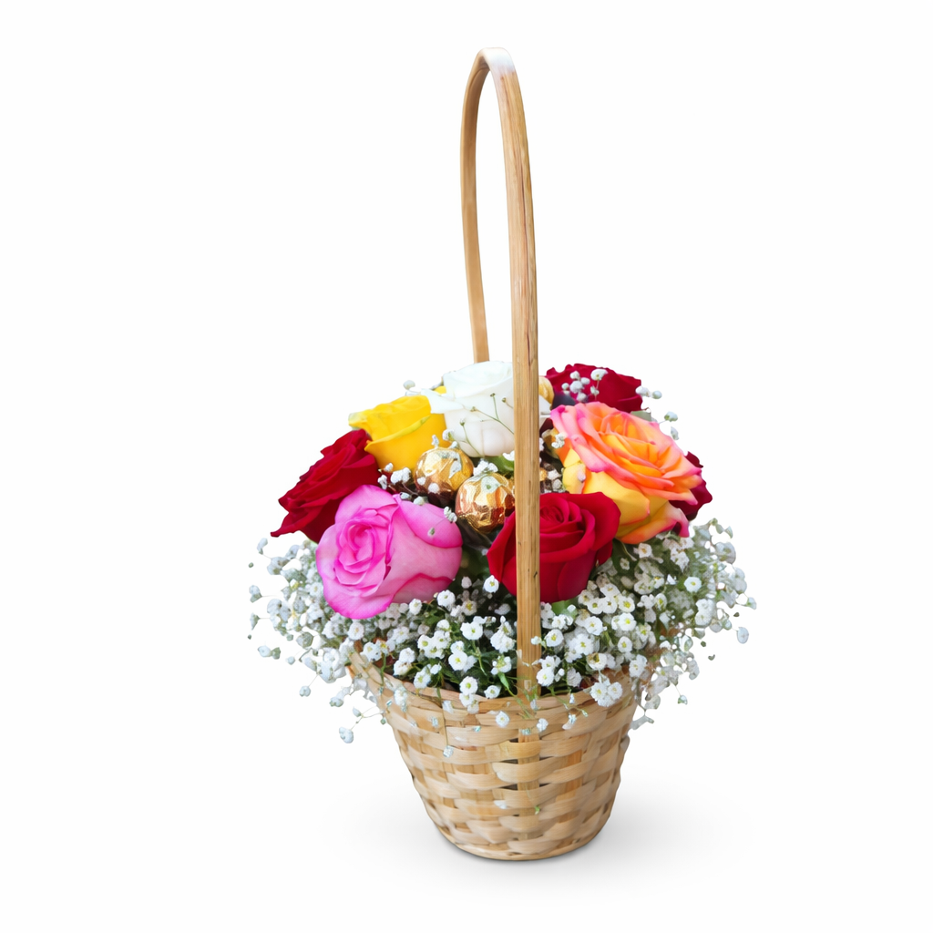 Cesto de Rosas Coloridas & Ferrero Rocher 3