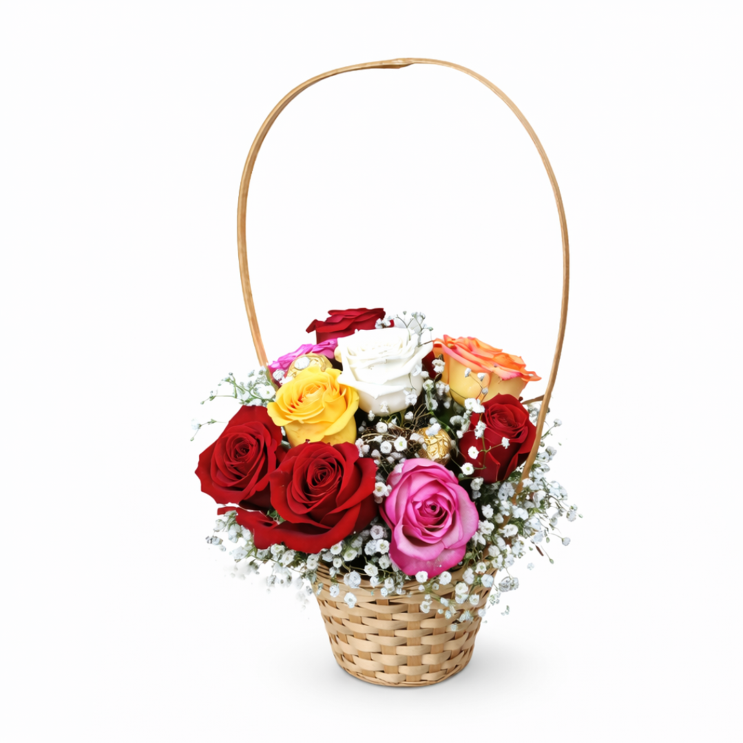 Cesto de Rosas Coloridas & Ferrero Rocher 3