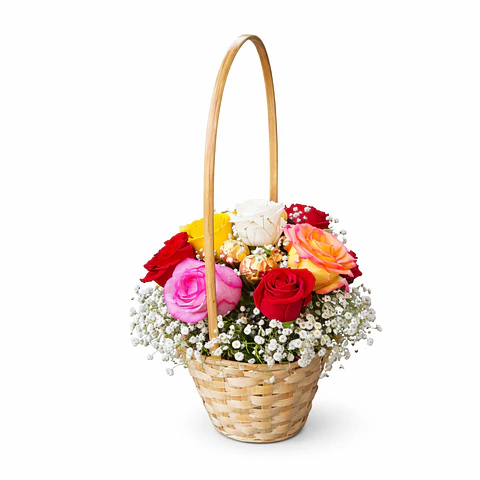 Cesto de Rosas Coloridas & Ferrero Rocher