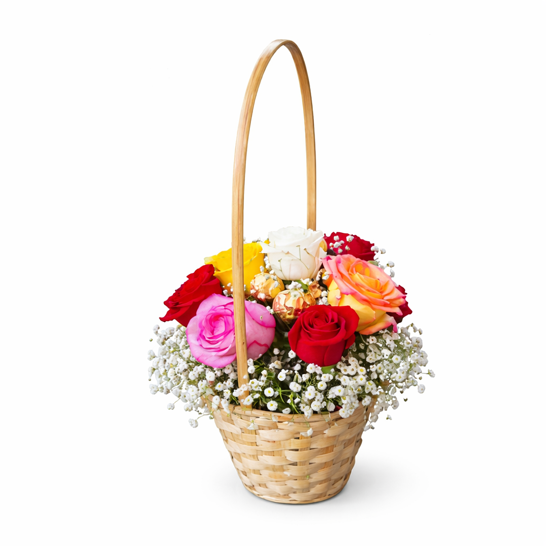 Cesto de Rosas Coloridas & Ferrero Rocher 1