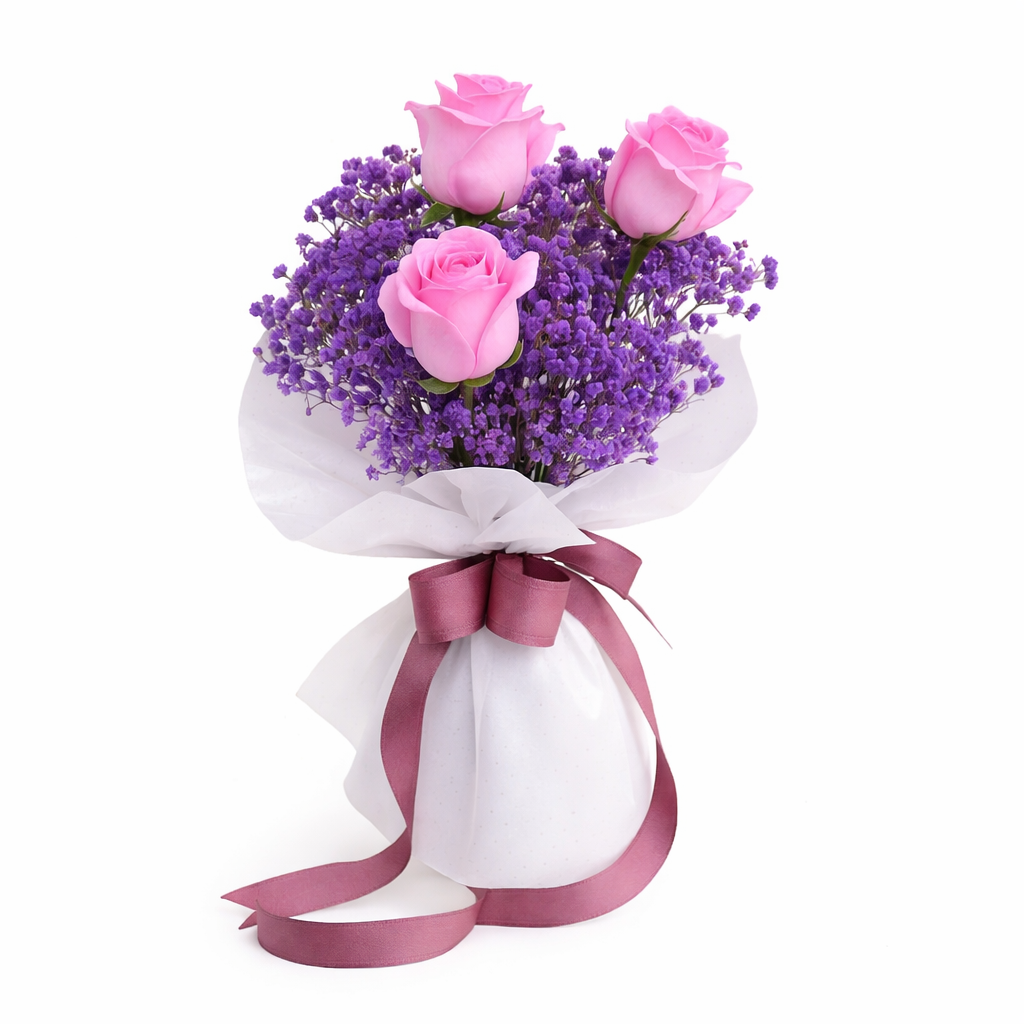 Ramo de Rosas Cor-de-Rosa & Statice Roxa 3