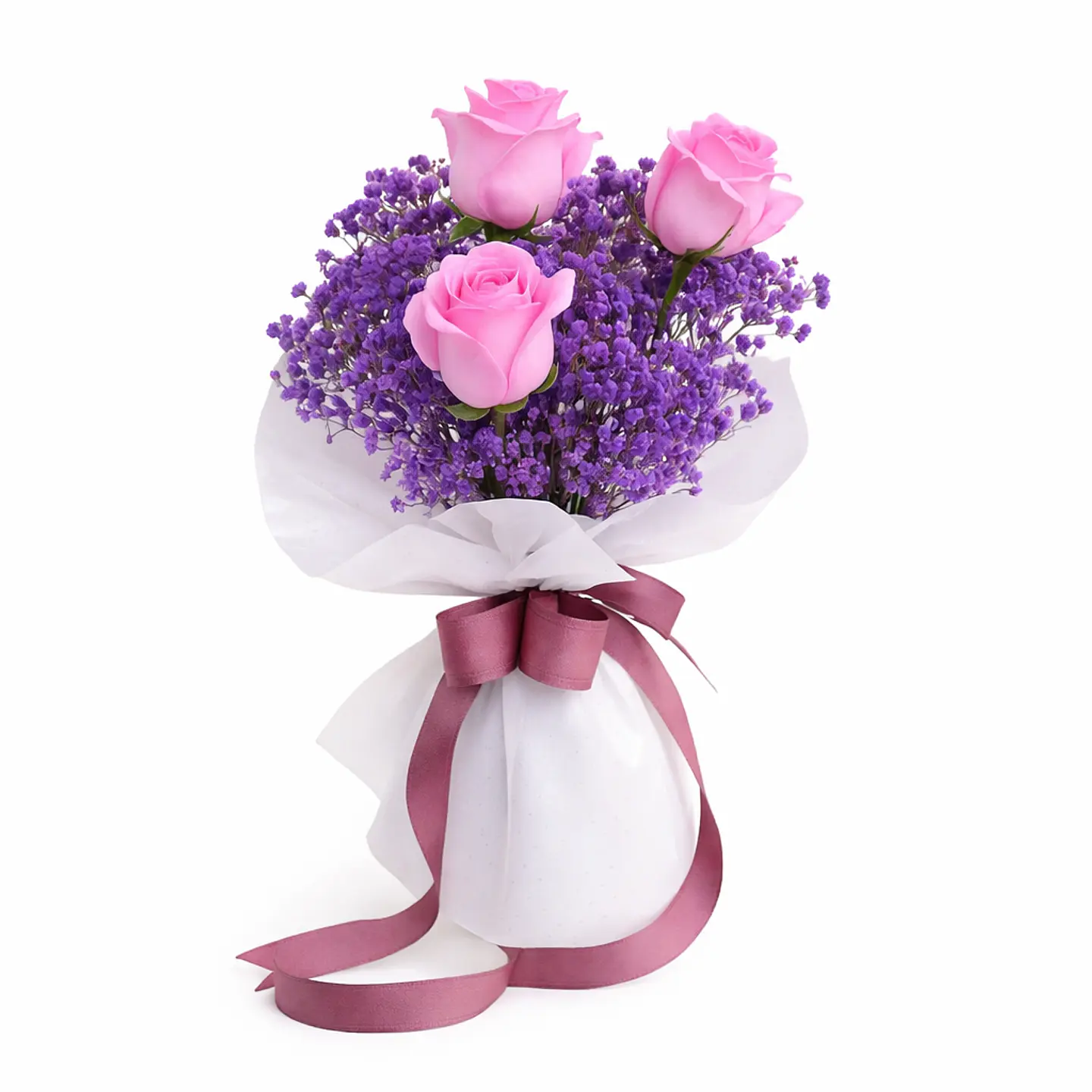 Bouquet Rosas Rosa & Statice Roxa 3