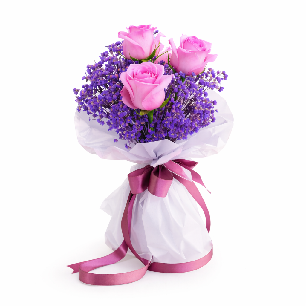 Ramo de Rosas Cor-de-Rosa & Statice Roxa 2