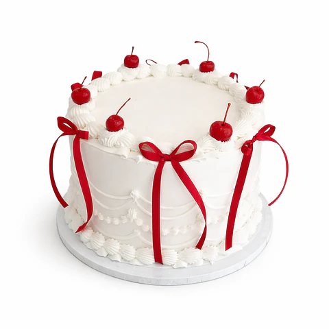 Bolo Branco com Cerejas e Laços Vermelhos