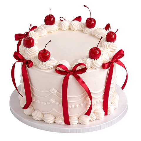 Bolo Branco com Cerejas e Laços Vermelhos