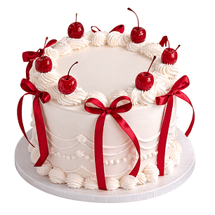 Bolo Branco com Cerejas e Laços Vermelhos