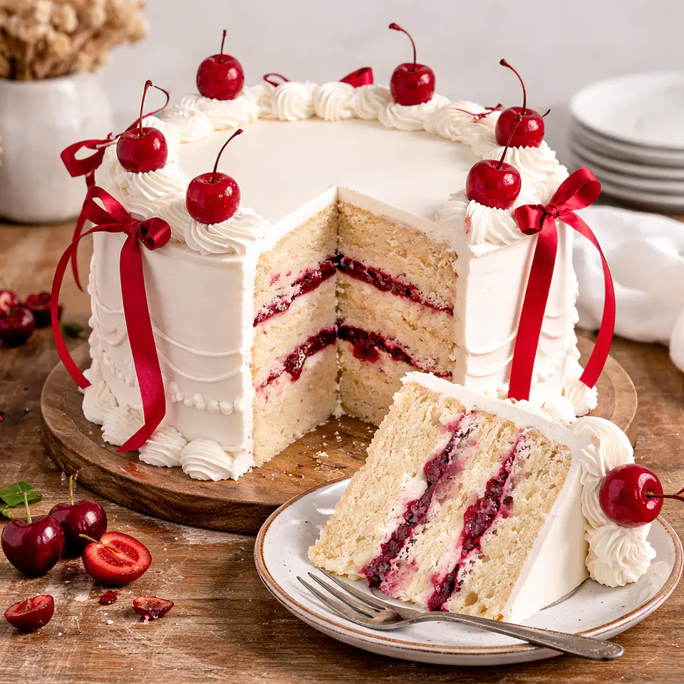 Bolo Branco com Cerejas e Laços Vermelhos 3