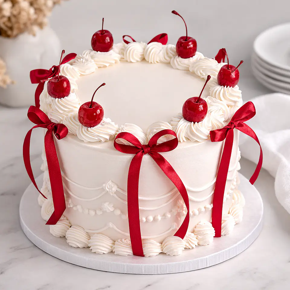 Bolo Branco com Cerejas e Laços Vermelhos 4