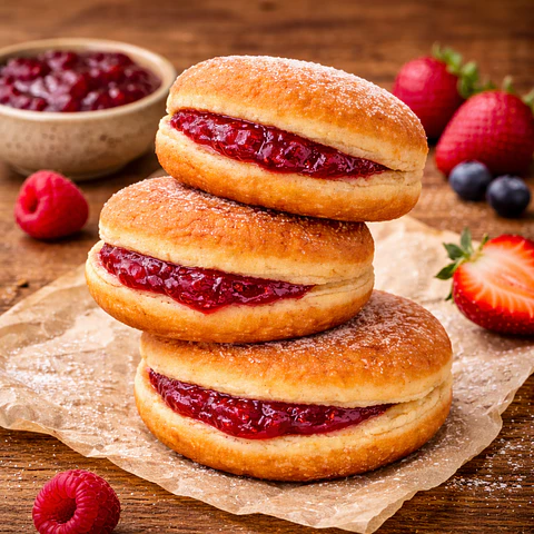 Bolas de Berlim com Creme de Frutos Vermelhos