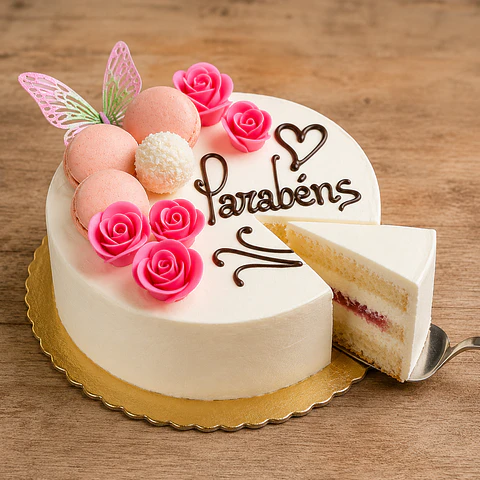 Bolo Parabéns Rosas & Macarons