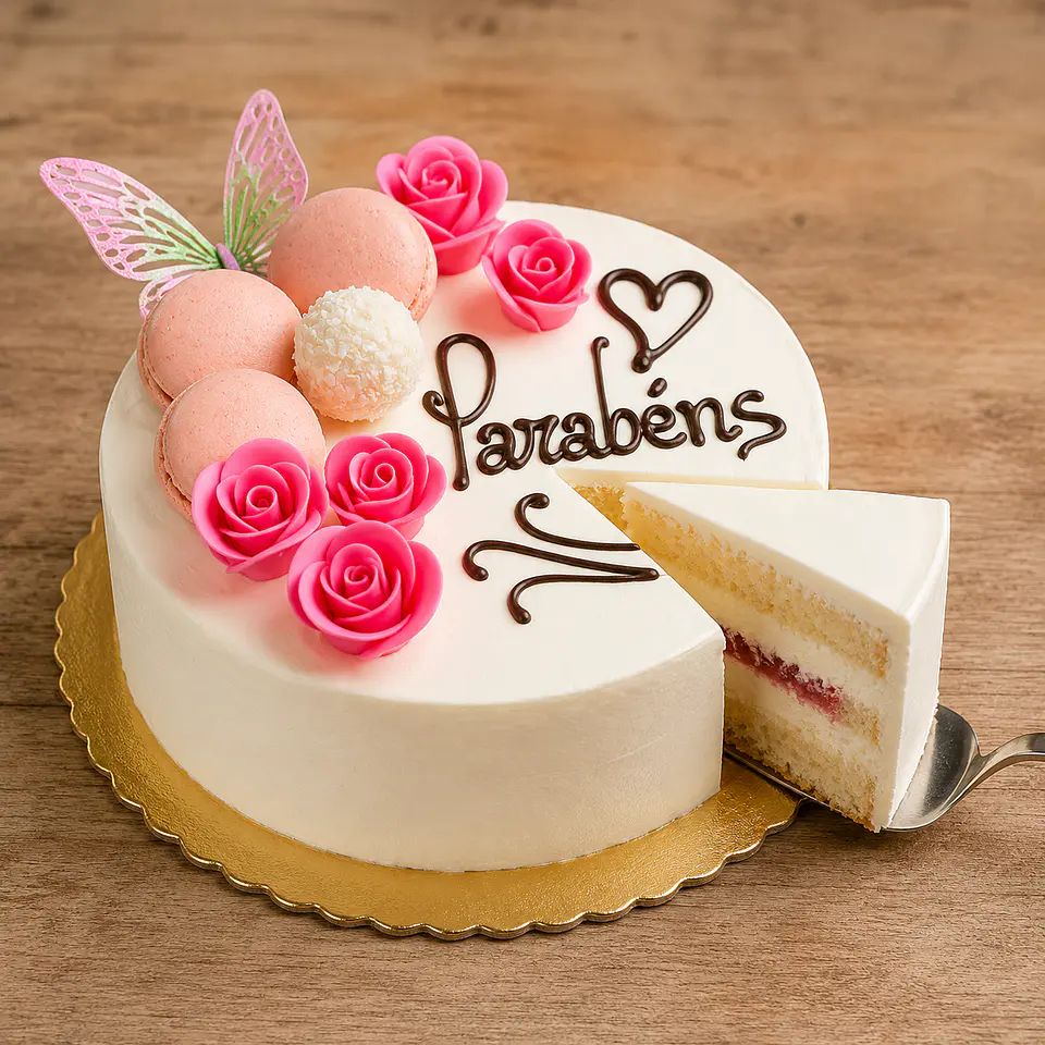Bolo Parabéns Rosas & Macarons 2