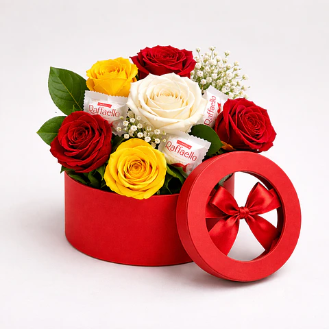 Caixa de Rosas Tricolor com Ferrero