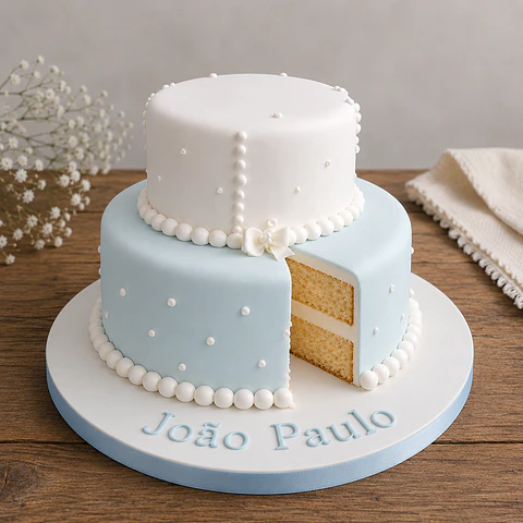 Bolo de Batizado Azul e Branco