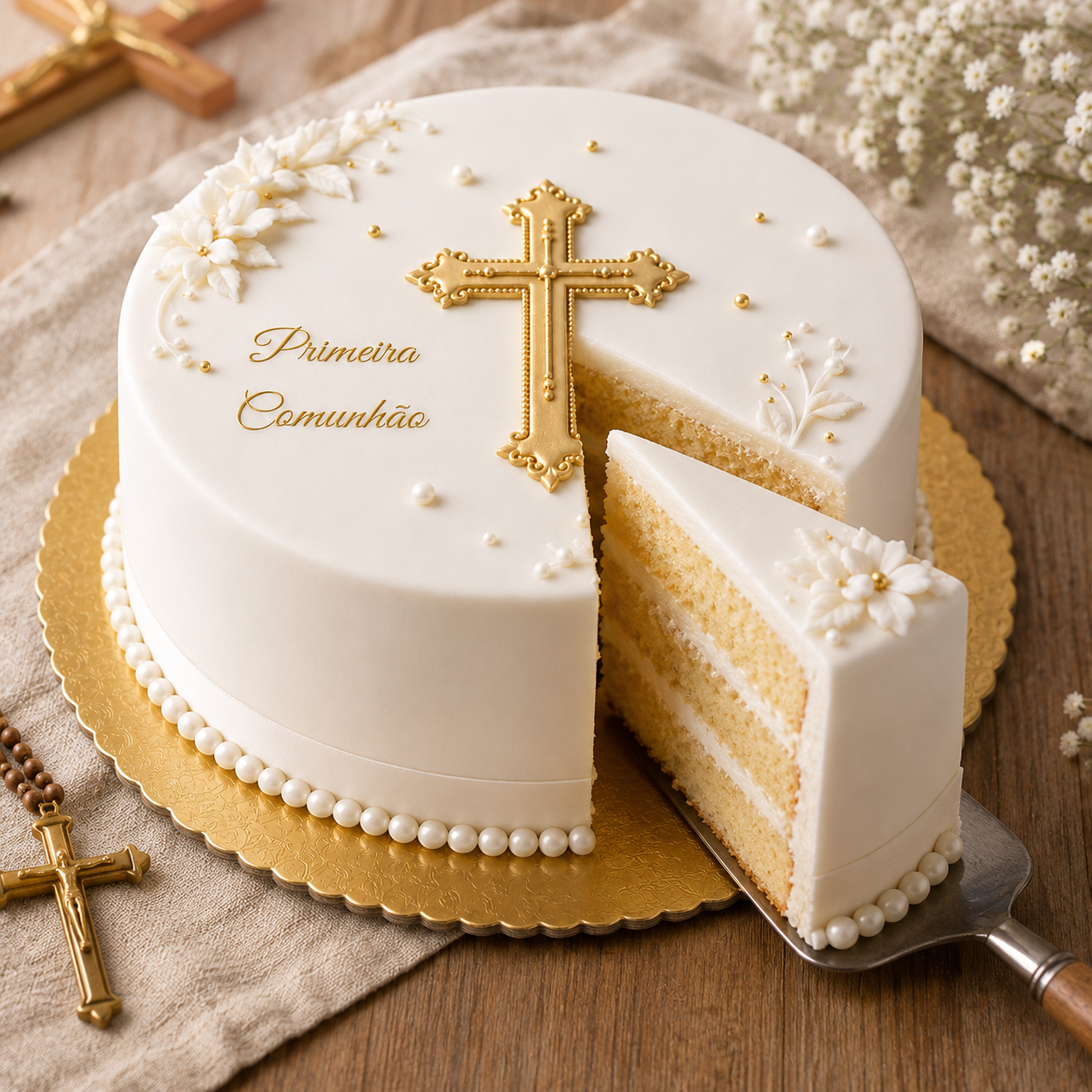 Bolo de Primeira Comunhão com Cruz Dourada 2