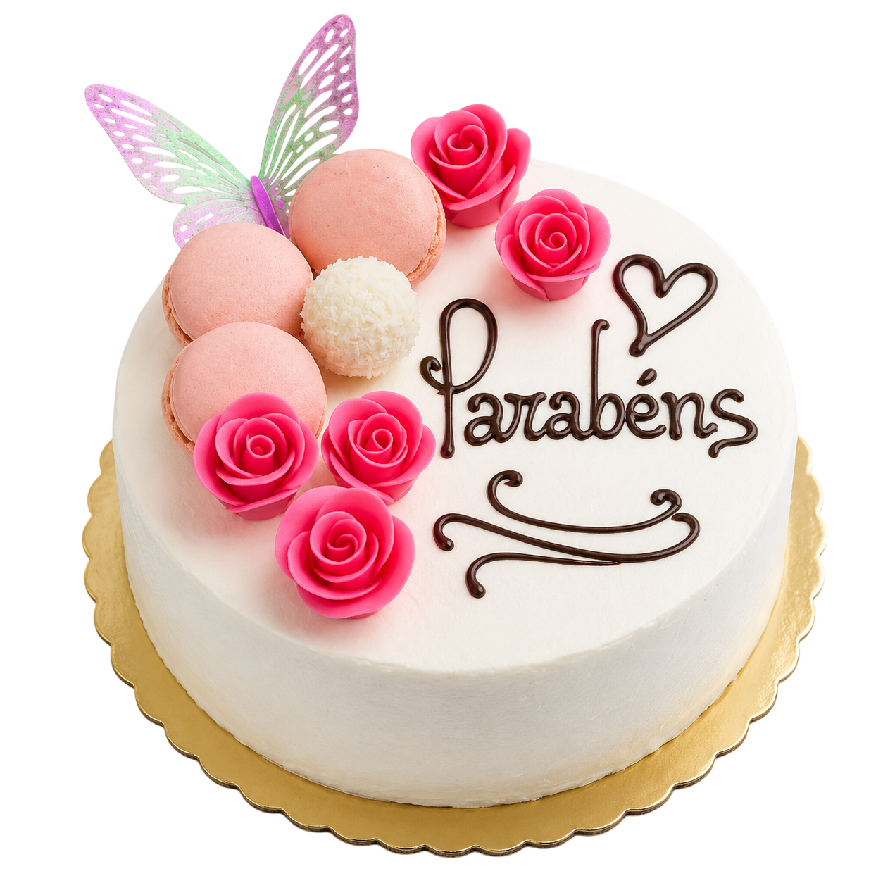 Bolo Parabéns Rosas e Macarons 3