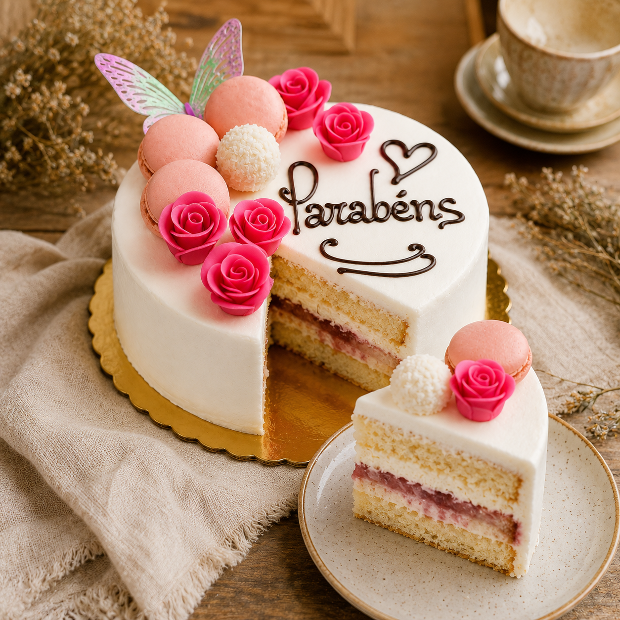 Bolo Parabéns Rosas e Macarons 5