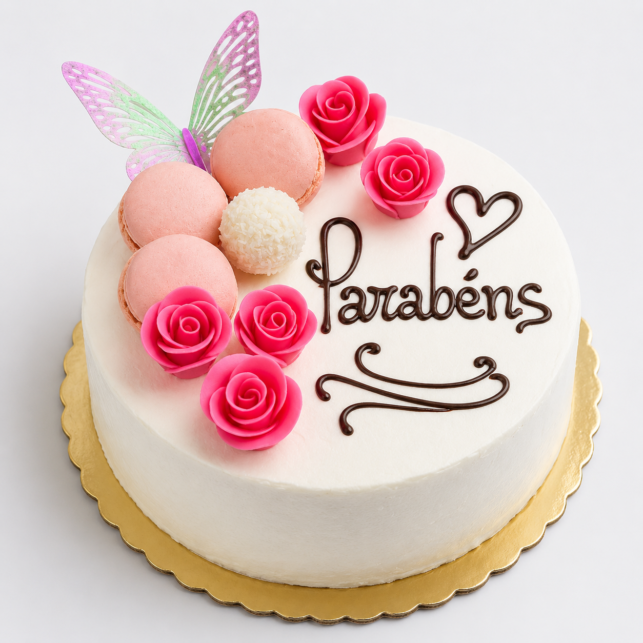 Bolo Parabéns Rosas e Macarons 4