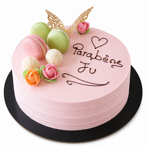Bolo com Macarons e Flores
