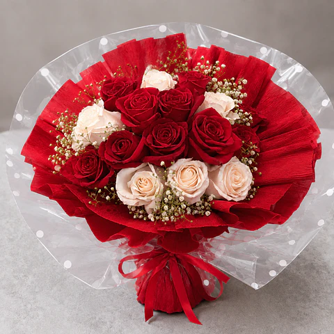Bouquet Premium de 16 Rosas Vermelhas e Brancas