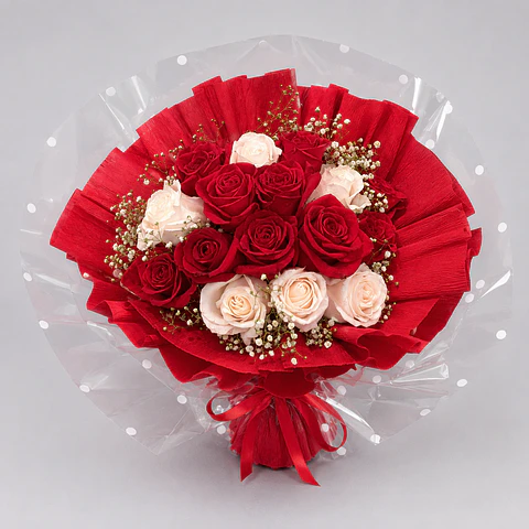 Bouquet Premium de 16 Rosas Vermelhas e Brancas