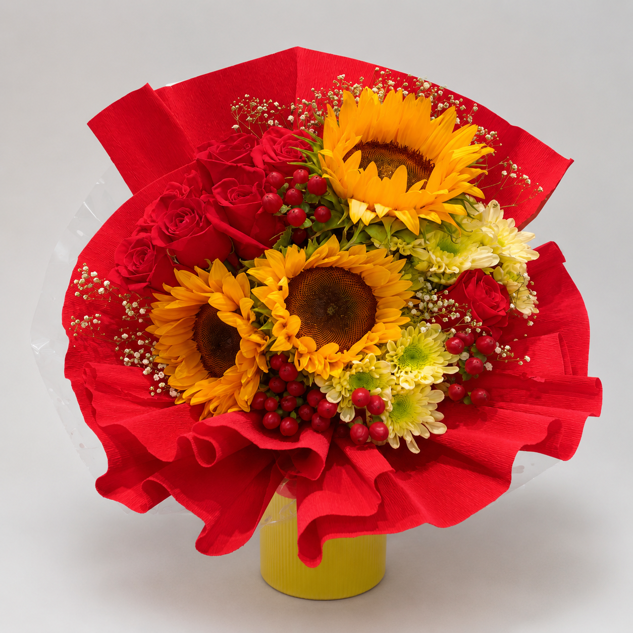 Arranjo de Girassóis e Rosas Vermelhas 1