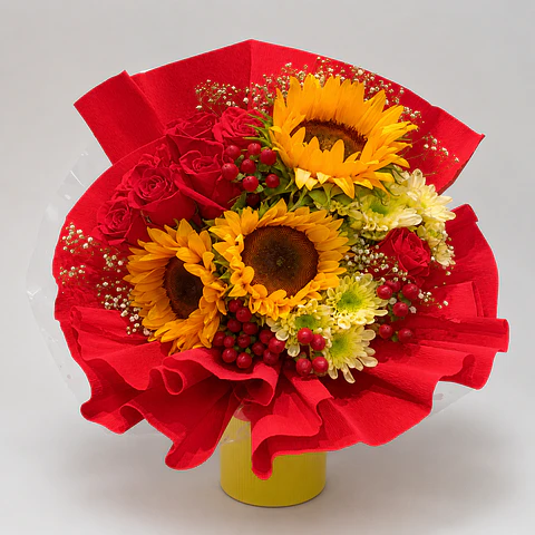 Arranjo de Girassóis e Rosas Vermelhas