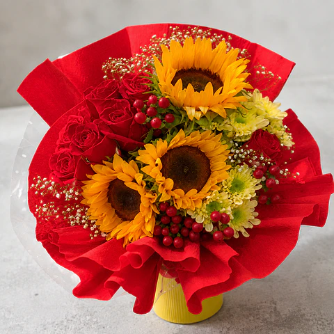 Arranjo de Girassóis e Rosas Vermelhas