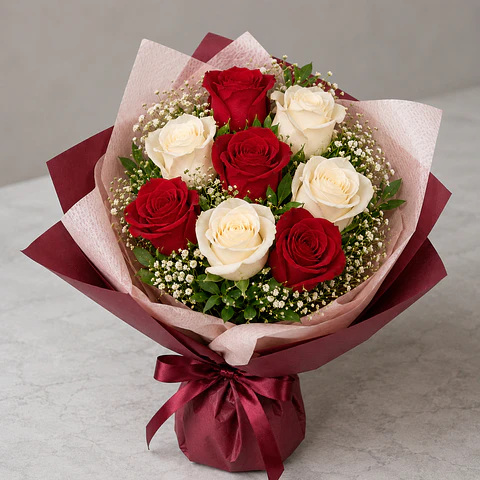 Bouquet de 8 Rosas Vermelhas e Brancas