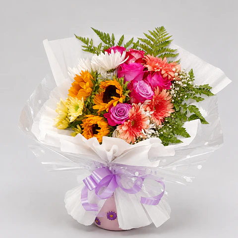 Arranjo de Flores Coloridas com Girassóis e Rosas