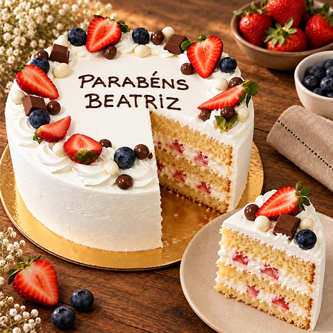 Bolo Branco com Morangos e Chocolate