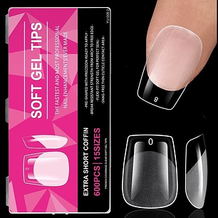 Uñas Soft Gel Extra Short Coffin 600pcs (Etiqueta Fucsia)