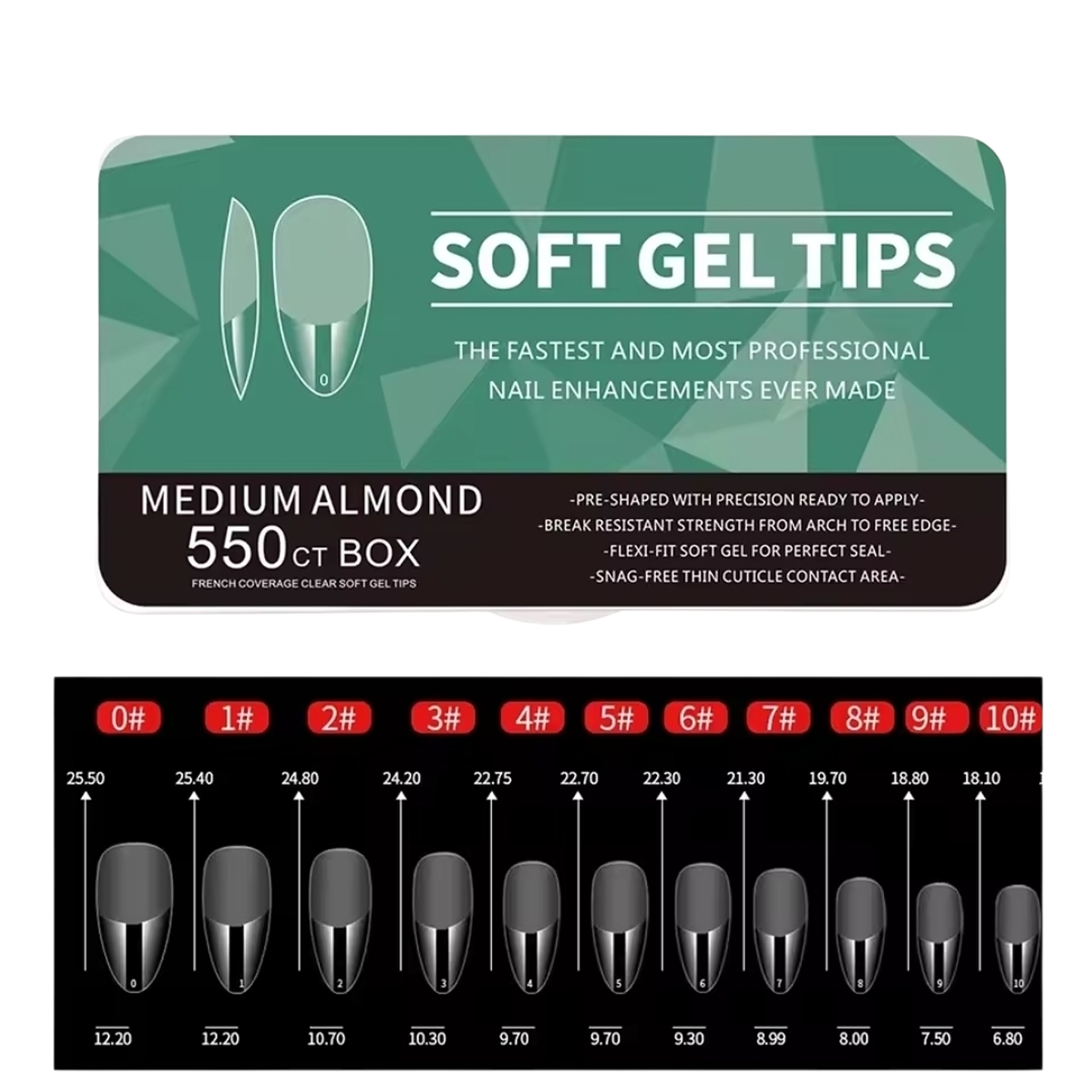 Uñas Soft Gel Medium Almond 550U (Caja Verde)