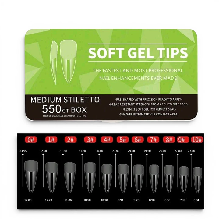 Uñas Soft Gel Medium Stiletto 550U (Caja Verde Manzana)