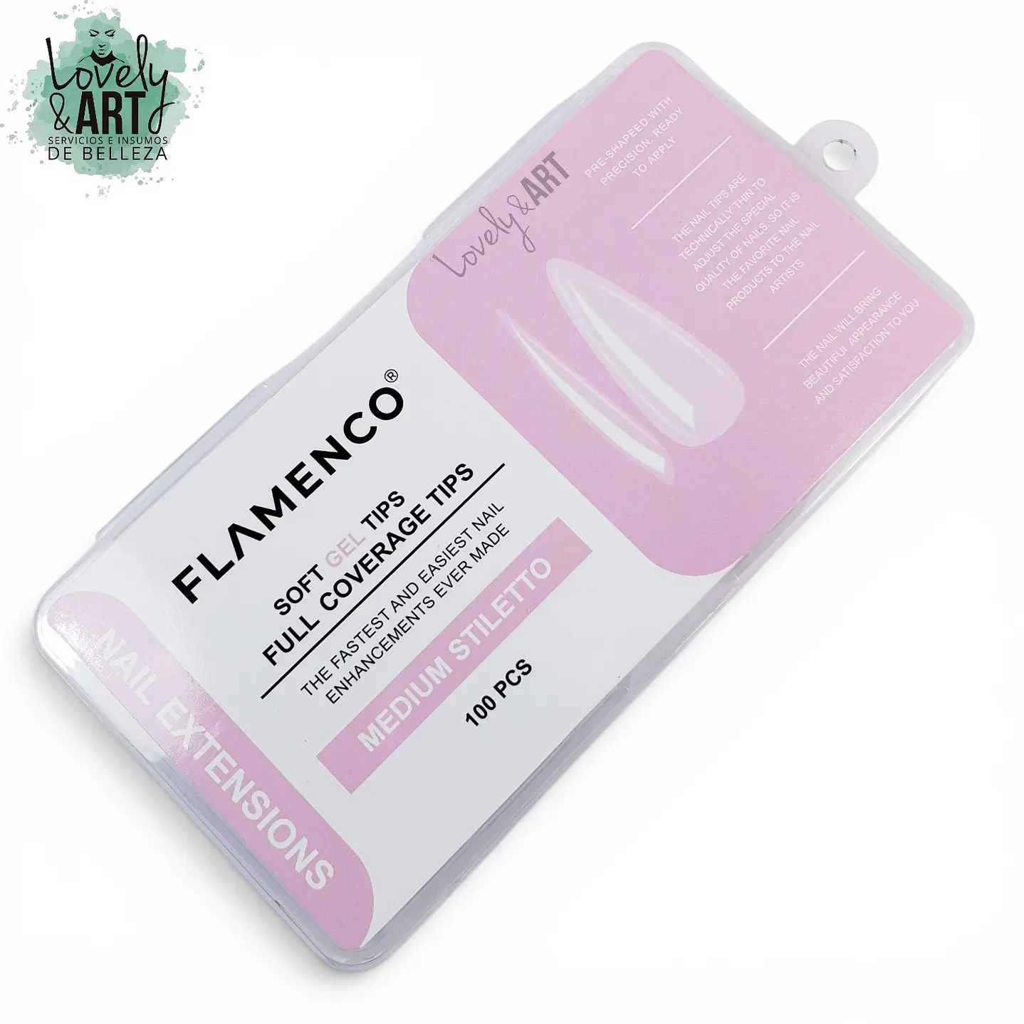Uñas Soft Gel Medium Stiletto Flamenco (Caja Rosada) 100U