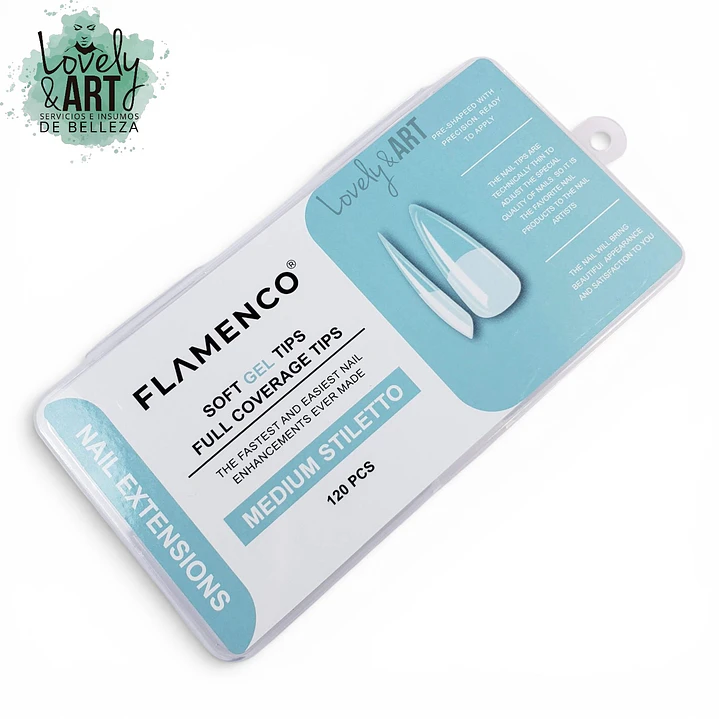 Uñas Soft Gel Medium Stiletto Flamenco (Caja Celeste) 120U