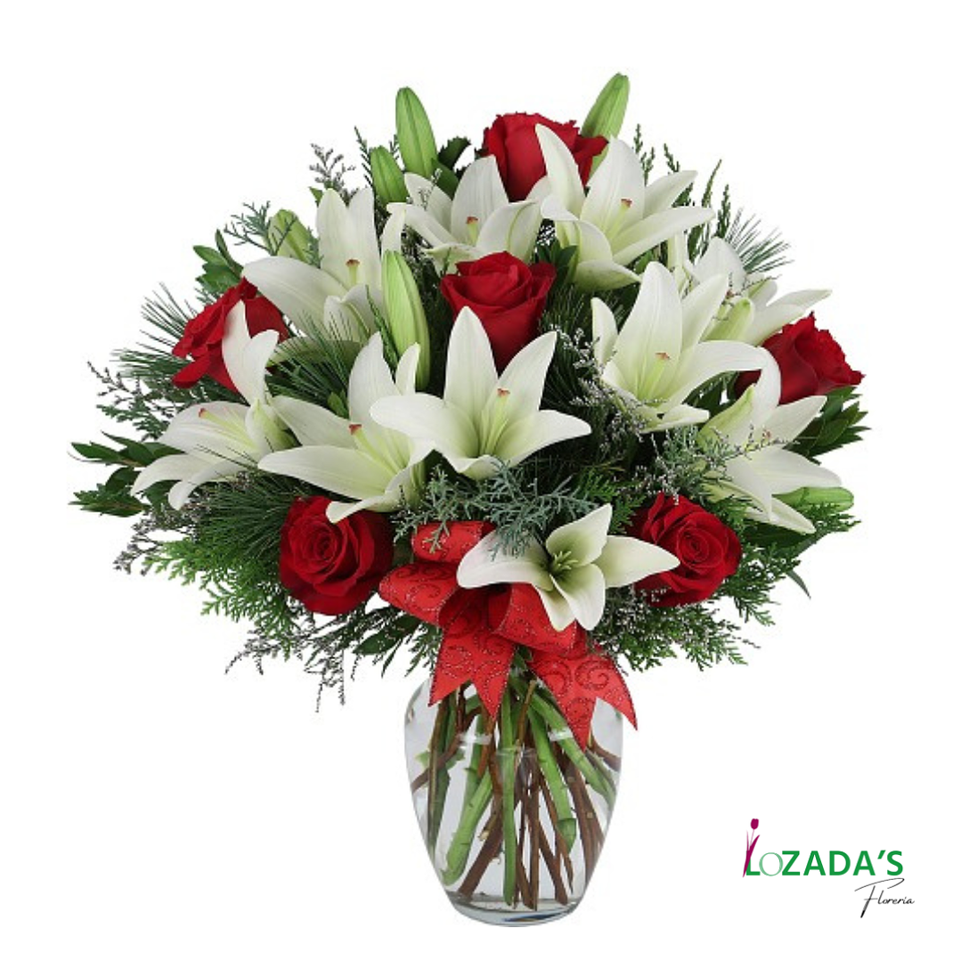 Florero de Liliums Blancos y Rosas Rojas 1