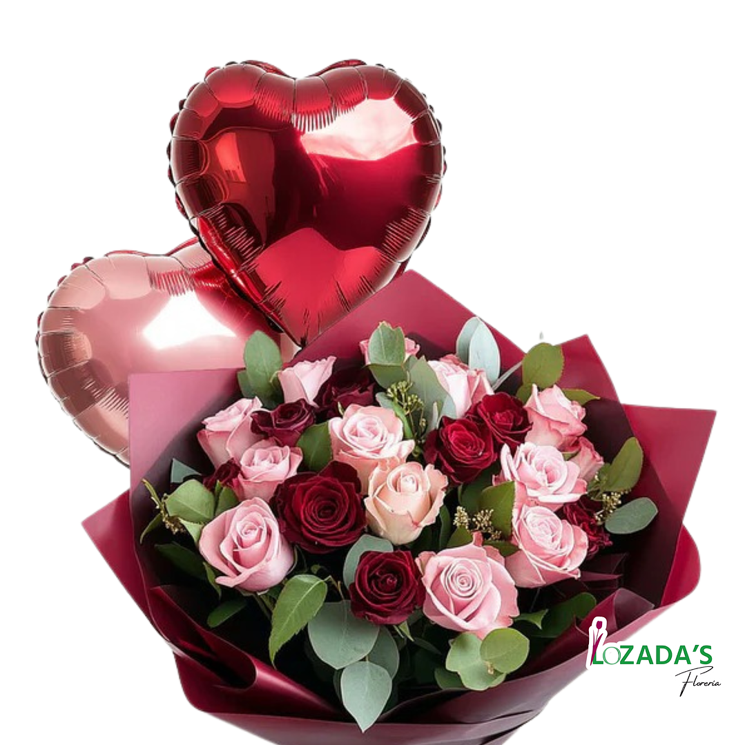 Ramo San Valentín - Mix de Rosas Rojas y Rosadas con Globos 2