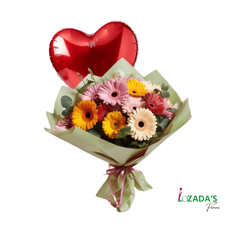 Ramo San Valentín - Primaveral mixto de 12 gerberas y 1 Globo con forma de Corazón 1